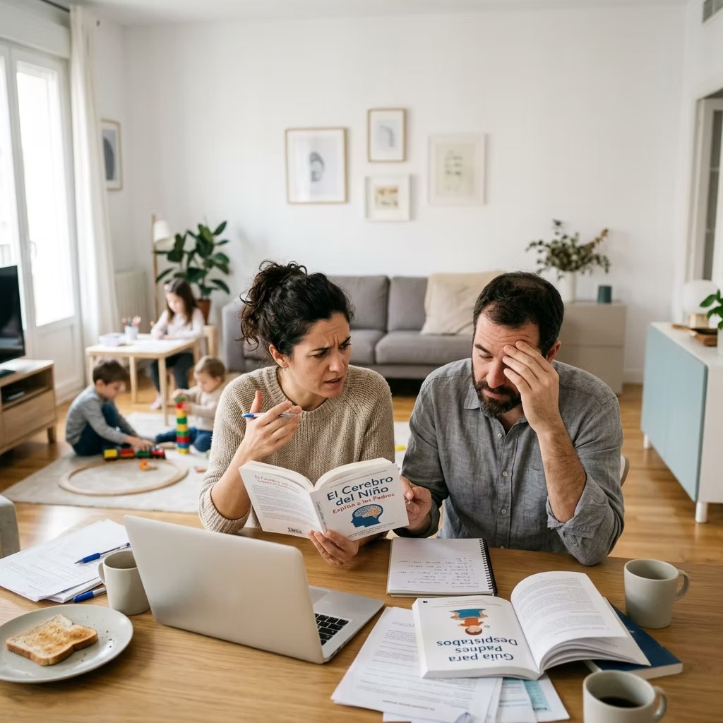 Una madre y un padre preocupados revisan libros y apuntes en la mesa del salón mientras sus hijos juegan detrás
