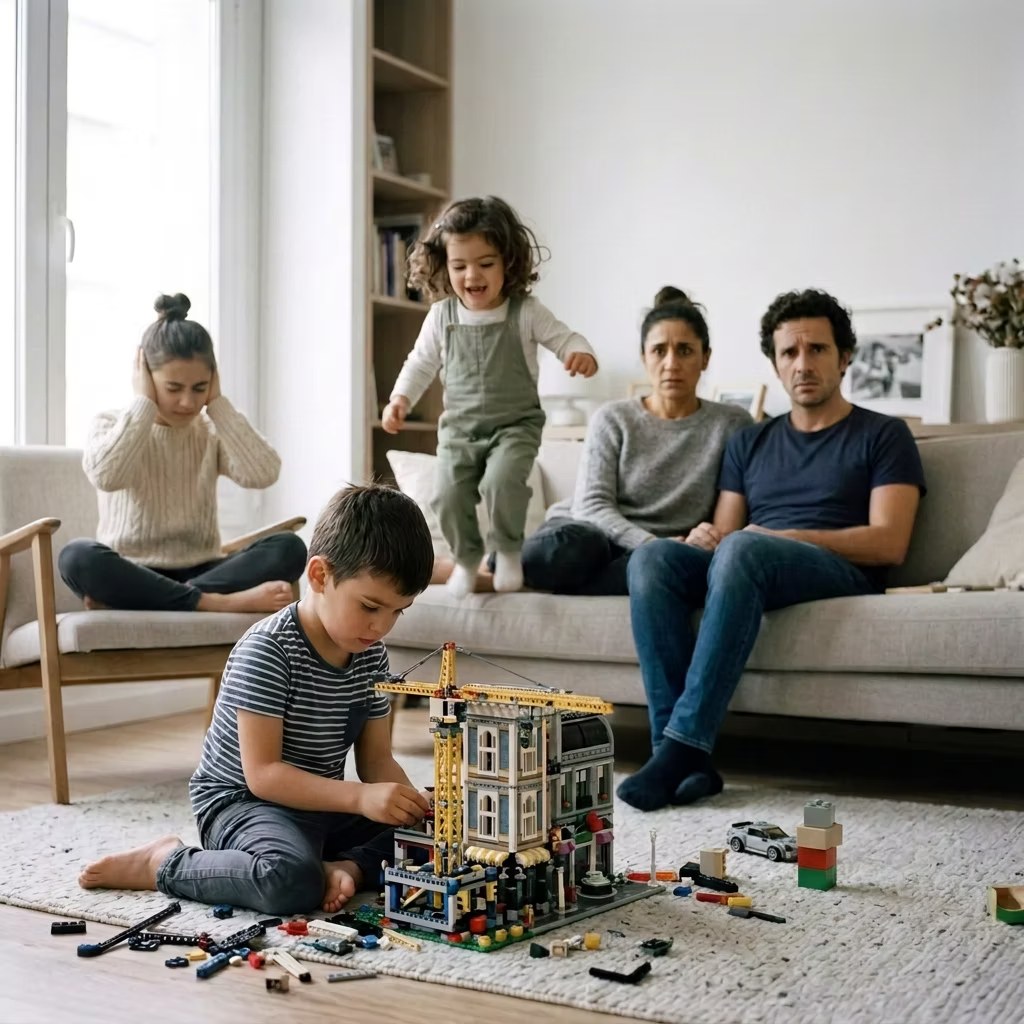 Una familia en el salón: un niño absorto en un juego de construcción, una niña saltando en el sofá, otra tapándose los oídos y los padres agotados