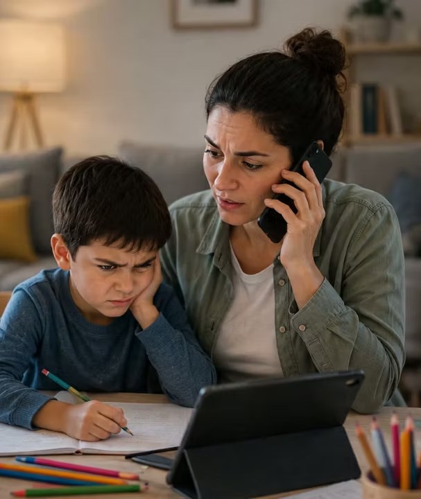 Una madre habla por teléfono mientras ayuda a su hijo con los deberes